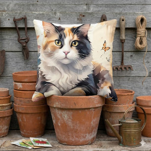 Grillige Aquarel Calico Kat en Vlinders Kussen