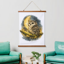 Grillige Aquarel Uil op Wandtapijt met Halvemaan