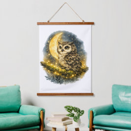 Grillige Aquarel Uil op Wandtapijt met Halvemaan Hangend Wandkleed