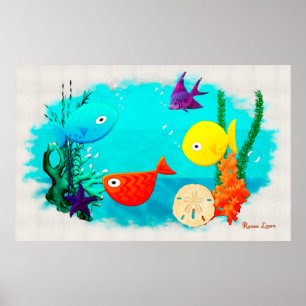 Grillige Aquarium Cartoon Vissen Poster