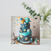 GRILLIGE ASTRONAUT & SPACE KIDS VERJAARDAGSTAART KAART (Staand voorkant)