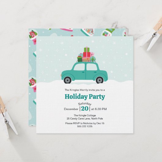 Grillige auto met kerstcadeaus in turquoise kaart (Voorkant / Achterkant in situ)