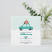 Grillige auto met kerstcadeaus in turquoise kaart (Staand voorkant)