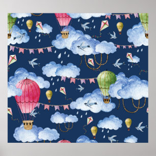 Grillige ballonnen: Waterverf wolkenpatroon Poster
