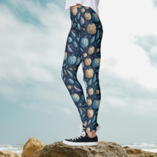 Grillige Blau Oranje Pompoen Halloween Patroon Leggings