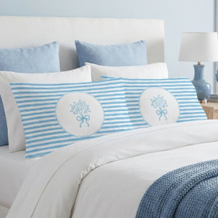 Grillige Blau-Wit Gestreepte Preppy Bloemen Kussensloop