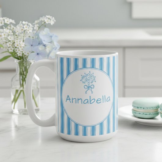 Grillige Blau-Wit Gestreepte Preppy Monogram Koffiemok