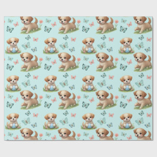 Grillige Blauwe Aquarel Puppies en Vlinders Cadeaupapier