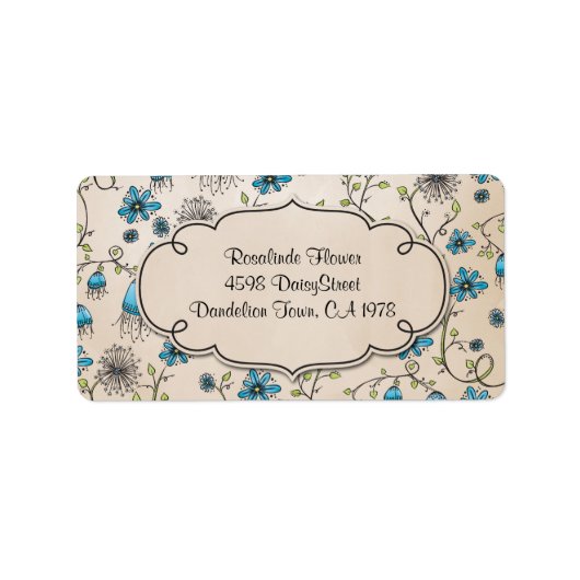 Grillige blauwe bloemen op beige etiket (Voorkant)