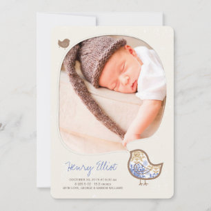 Grillige Blauwe Damast Kuiken Baby Jongen Foto Geb Aankondiging