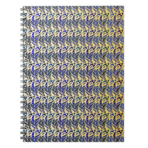 Grillige blauwe en gouden pauwveerpatroon notitieboek