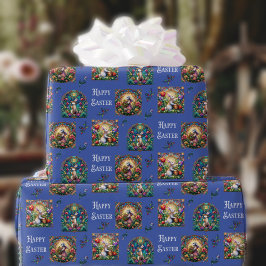Grillige Blauwe Gebrandschilderde Glas Paashaas Pa Cadeaupapier