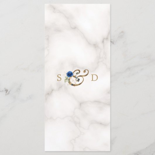 Grillige Blauwe Gouden Bloemen Monogram Bruiloft Menu (Achterkant)