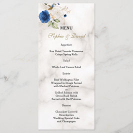 Grillige Blauwe Gouden Bloemen Monogram Bruiloft Menu