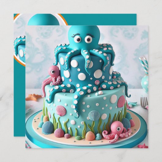 GRILLIGE BLAUWE OCTOPUS THEMA VERJAARDAGSTAART KAART (Voorkant / Achterkant)