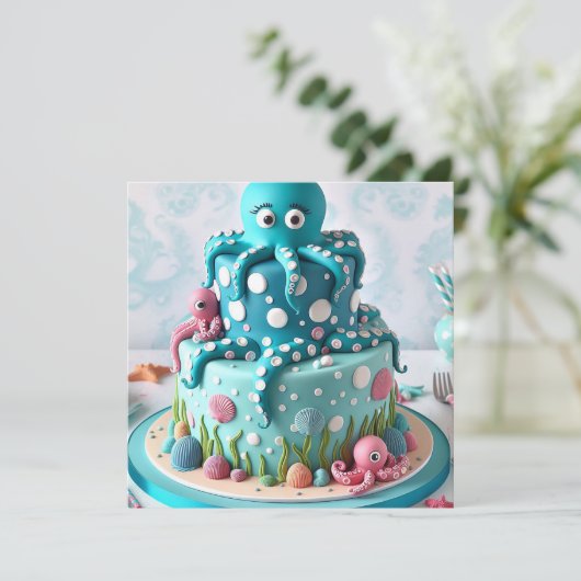 GRILLIGE BLAUWE OCTOPUS THEMA VERJAARDAGSTAART KAART (Staand voorkant)