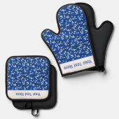 Grillige Blauwe Stippen Doodlepatroon Ovenwant & Pannenlap Set (Voorkant / Achterkant)