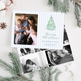 Grillige Blauwe Strikken Op Kerstboom Foto Feestdagenkaart