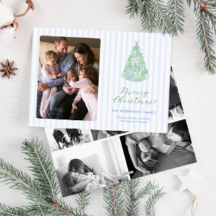 Grillige Blauwe Strikken Op Kerstboom Foto Feestdagenkaart