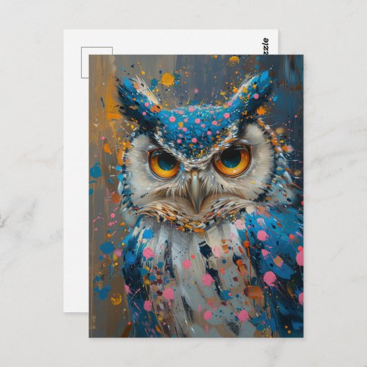 grillige blauwe uil roze blauwe polka dot spatten briefkaart (Voorkant / Achterkant)