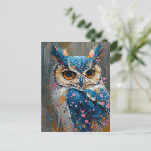 grillige blauwe uil verf spatten briefkaart (Staand voorkant)