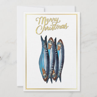 Grillige Blauwe Vis Kerstkaart met Goud