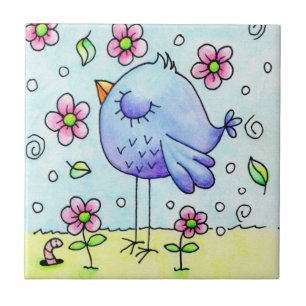 Grillige Blauwe Vogel En Bloemen Tegeltje