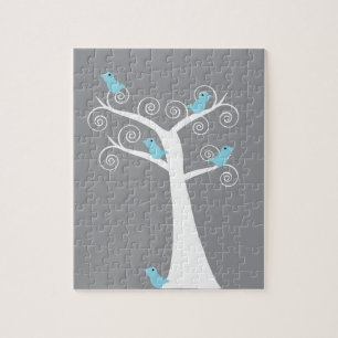 Grillige Blauwe Vogels op Witte Boom Grijze Achter Legpuzzel