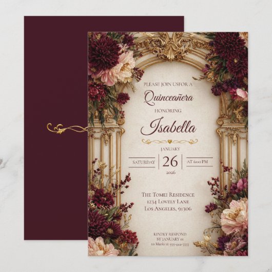 Grillige Bloem Gothic Quinceanera Uitnodiging (Voorkant / Achterkant)