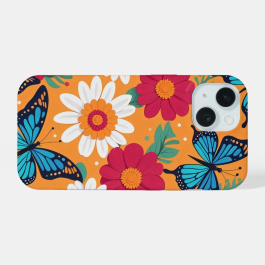 Grillige bloemen en vlinders iPhone 15 case (Achterkant horizontaal)