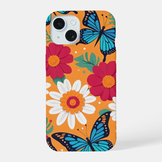 Grillige bloemen en vlinders iPhone 15 case (Achterkant)