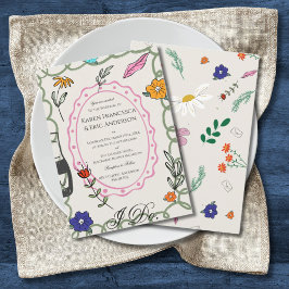 Grillige Bloemen Folk Art Trouw Handgetekend  Kaart