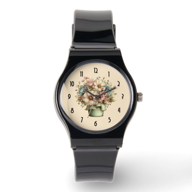 Grillige Bloemen in een Pot Cute Horloge (Voorkant)