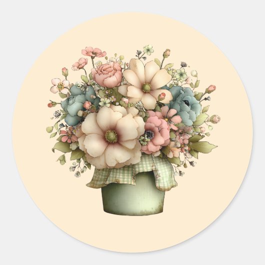 Grillige Bloemen in een Pot Cute Ronde Sticker (Voorkant)
