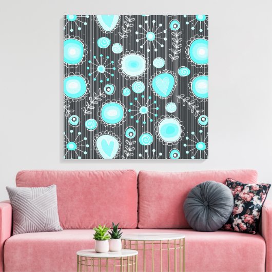 Grillige Bloemen in Turquoise Ingepakte Canvas (Insitu (Woonkamer))
