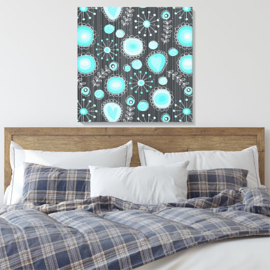 Grillige Bloemen in Turquoise Ingepakte Canvas (Insitu (Slaapkamer))