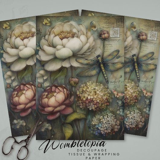 Grillige Bloemen & Libelle Ephemera Decoupage Tissuepapier
