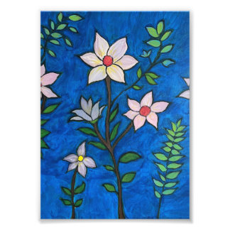 Grillige Bloemen met Blauwe Achtergrond Foto Afdruk