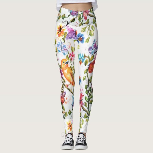 GRILLIGE BLOEMEN MET EEN GELE VOGEL LEGGINGS (Voorkant)