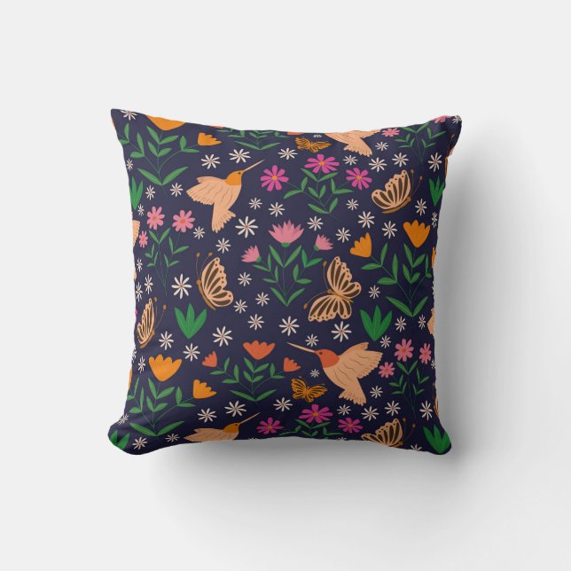 Grillige bloemen met vogels en vlinders kussen (Voorkant)