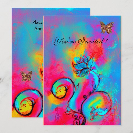 GRILLIGE BLOEMEN & VLINDERS roze blauw geel Kaart (Voorkant / Achterkant)