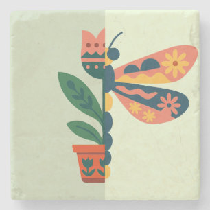 Grillige bloemendragonfly ontwerp stenen onderzetter