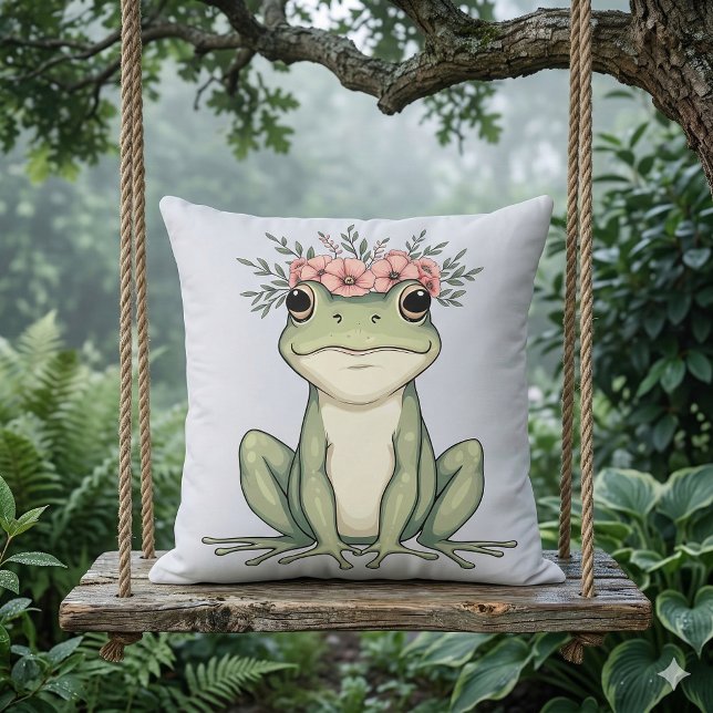 Grillige Bloemenkikkers Cottagecore Kunst Kussen (Whimsical Floral Frog Cottagecore Art Throw Pillow Mockup C)