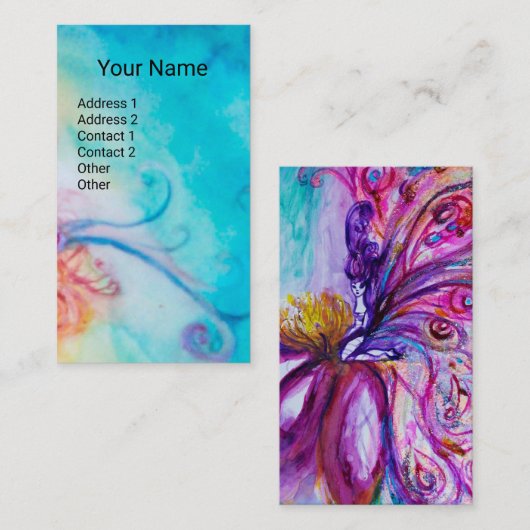 GRILLIGE BLOEMFEE IN ROZE, GOUDBLAUWE SPRANKELS VISITEKAARTJE (Voorkant / Achterkant)