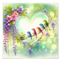 Grillige bloemhart vogels aquarel ontwerp