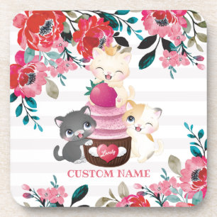 Grillige bloemige cartoon katten aardbeien cupcake bier onderzetter