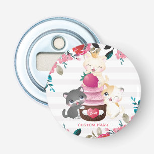 Grillige bloemige cartoon katten aardbeien cupcake button flesopener
