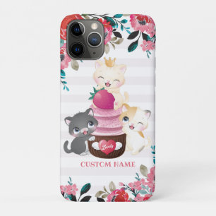 Grillige bloemige cartoon katten aardbeien cupcake Case-Mate iPhone case