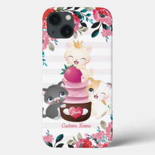 Grillige bloemige cartoon katten aardbeien cupcake Case-Mate iPhone case