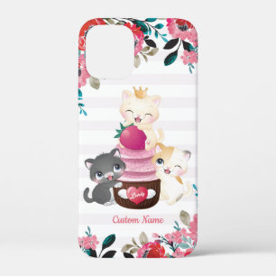 Grillige bloemige cartoon katten aardbeien cupcake Case-Mate iPhone case